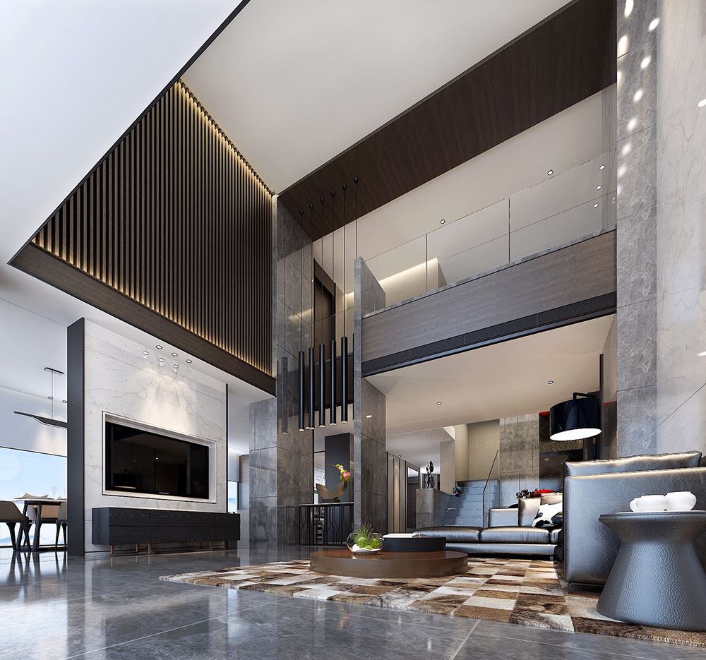 黑白灰现代简约风格室内装修效果图-河源天湖郦都别墅420平米